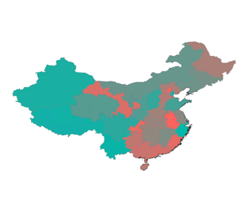 A map of China with different colored areas