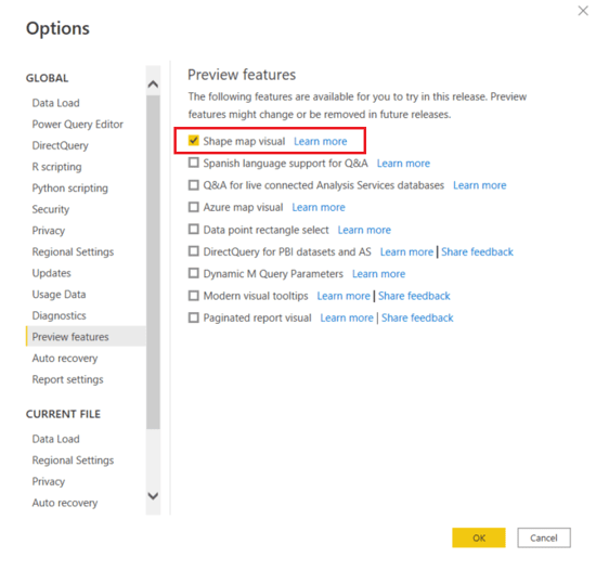 Screenshot of PowerBI options menu map settings