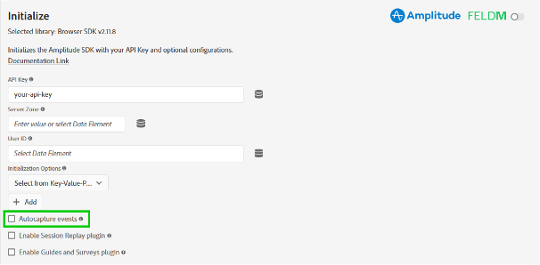 Autocapture configuration options in the Initialization action