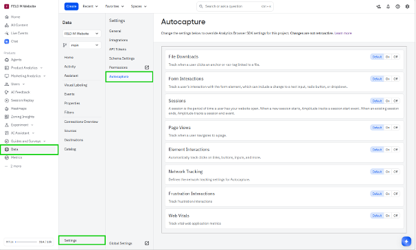 Autocapture settings in the Amplitude UI