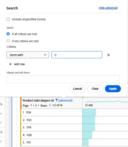 Suche nach Product SubCategory IDs, die mit 11 anfangen